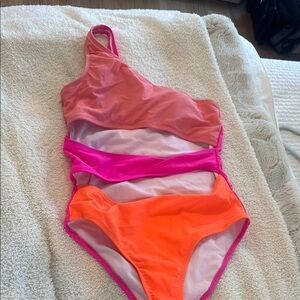 Never Worn Vibrant Pink and Orange One Piece Swimsuit with Asymmetrical Design